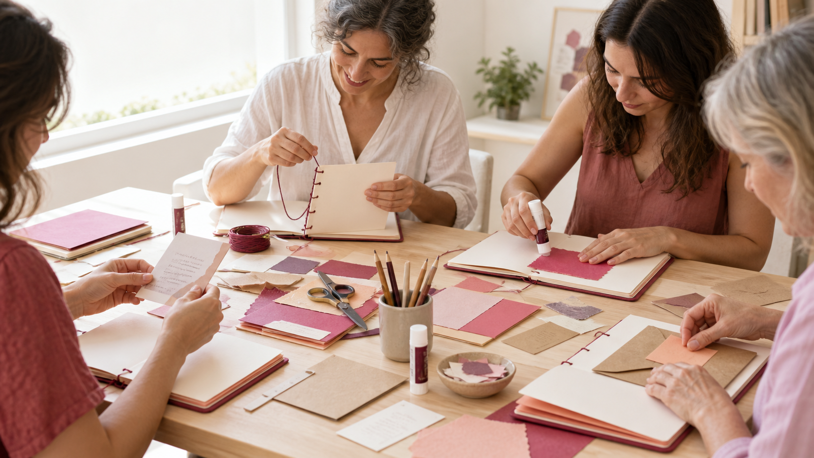 Varias mujeres recortan, pegan y montan sus cuadernos alrededor de una mesa